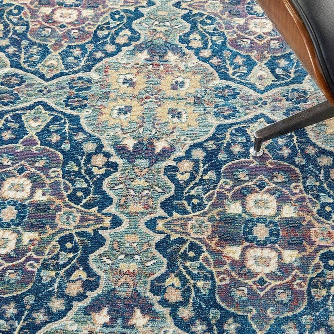 Ankara Global ANR16 Traditional Persian Vintage Distressed Shimmer Floral Ornate Border Textured Carved Durable Low Short Pile Navy/Multicolour Runner-Nourison-Rug Love - The Most Loved Rug Store