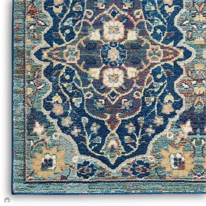 Ankara Global ANR16 Traditional Persian Vintage Distressed Shimmer Floral Ornate Border Textured Carved Durable Low Short Pile Navy/Multicolour Runner-Nourison-Rug Love - The Most Loved Rug Store