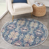 Ankara Global ANR16 Traditional Persian Vintage Distressed Shimmer Floral Ornate Border Textured Carved Low Flat-Pile Navy/Multicolour Round Rug