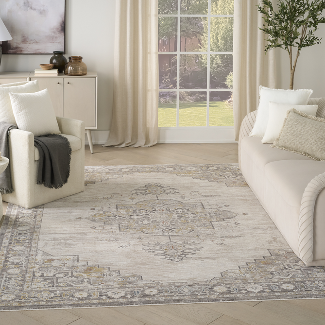 Antique Fusion ANF01 Traditional Vintage Distressed Medallion Border Soft Smooth Polyester Low Profile Short Pile Ivory/Charcoal Rug-Nourison-Rug Love - The Most Loved Rug Store