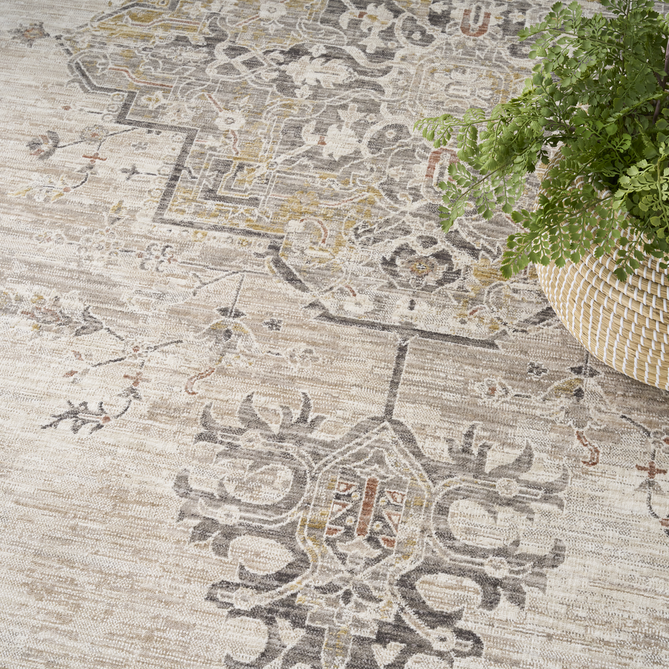 Antique Fusion ANF01 Traditional Vintage Distressed Medallion Border Soft Smooth Polyester Low Profile Short Pile Ivory/Charcoal Rug-Nourison-Rug Love - The Most Loved Rug Store
