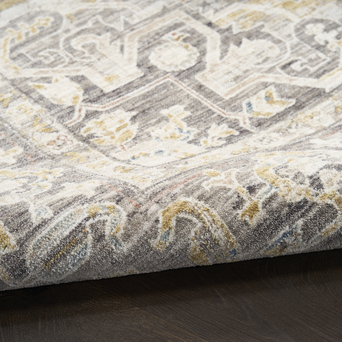 Antique Fusion ANF01 Traditional Vintage Distressed Medallion Border Soft Smooth Polyester Low Profile Short Pile Ivory/Charcoal Rug-Nourison-Rug Love - The Most Loved Rug Store