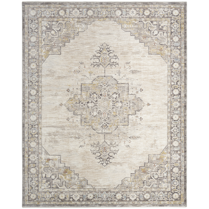 Antique Fusion ANF01 Traditional Vintage Distressed Medallion Border Soft Smooth Polyester Low Profile Short Pile Ivory/Charcoal Rug-Nourison-Rug Love - The Most Loved Rug Store