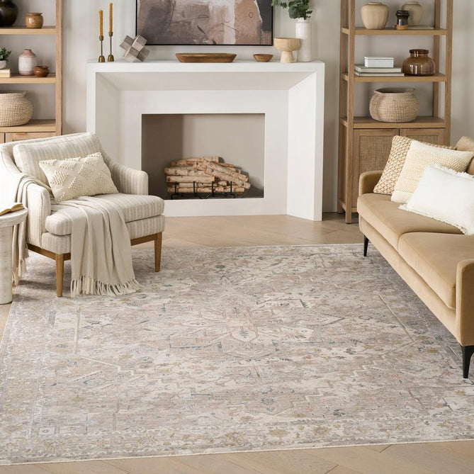 Antique Fusion ANF02 Traditional Vintage Distressed Floral Medallion Border Soft Smooth Polyester Low Profile Short Pile Ivory/Multicolour Rug-Nourison-Rug Love - The Most Loved Rug Store