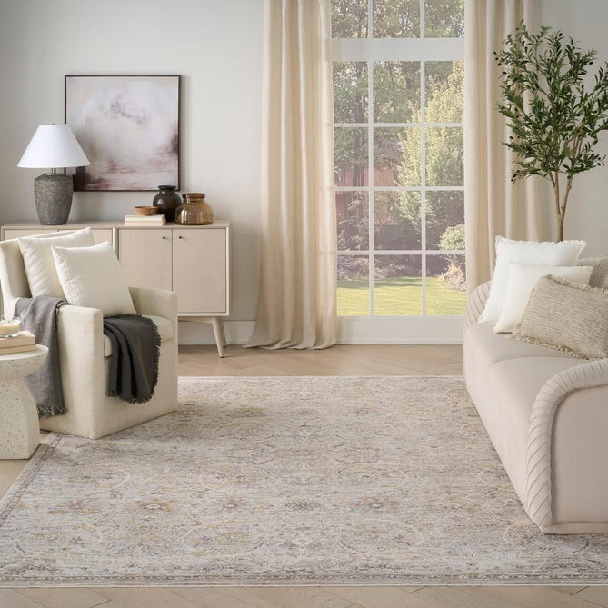 Antique Fusion ANF03 Traditional Vintage Distressed Floral Border Soft Smooth Polyester Low Profile Short Pile Light Grey Rug-Nourison-Rug Love - The Most Loved Rug Store