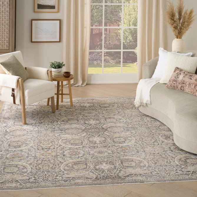 Antique Fusion ANF03 Traditional Vintage Distressed Floral Medallion Border Soft Smooth Polyester Low Profile Short Pile Charcoal/Multicolour Rug-Nourison-Rug Love - The Most Loved Rug Store