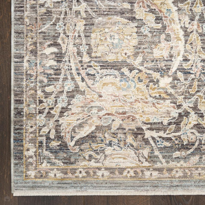 Antique Fusion ANF03 Traditional Vintage Distressed Floral Medallion Border Soft Smooth Polyester Low Profile Short Pile Charcoal/Multicolour Rug-Nourison-Rug Love - The Most Loved Rug Store