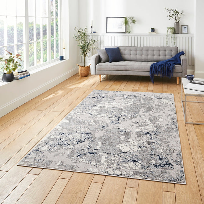 Apollo 2677 Modern Abstract Distressed Marble Metallic Shimmer High-Density Textured Low Profile Short-Pile Grey/Navy/Cream Rug-Think Rugs-Rug Love - The Most Loved Rug Store