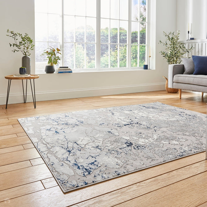 Apollo 2677 Modern Abstract Distressed Marble Metallic Shimmer High-Density Textured Low Profile Short-Pile Grey/Navy/Cream Rug-Think Rugs-Rug Love - The Most Loved Rug Store
