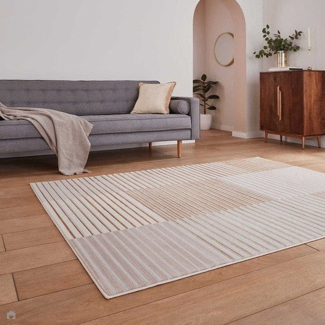 Apollo 2681 Modern Geometric Striped Linear Blocks Distressed Metallic Shimmer High-Density Textured Low Profile Short-Pile Beige/Grey/Bronze/Terra/Brown/Cream Rug-Think Rugs-Rug Love - The Most Loved Rug Store