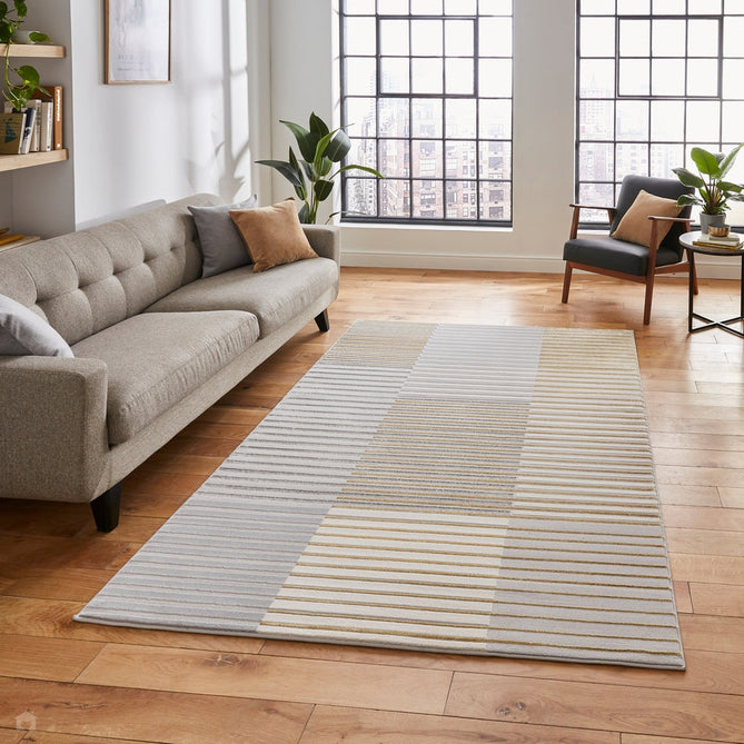 Apollo 2681 Modern Geometric Striped Linear Blocks Distressed Metallic Shimmer High-Density Textured Low Profile Short-Pile Grey/Gold/Cream Rug-Think Rugs-Rug Love - The Most Loved Rug Store