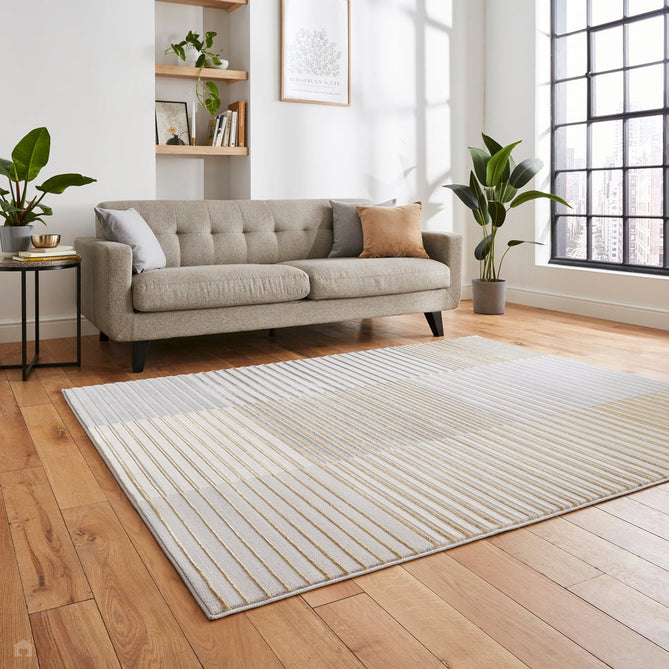 Apollo 2681 Modern Geometric Striped Linear Blocks Distressed Metallic Shimmer High-Density Textured Low Profile Short-Pile Grey/Gold/Cream Rug-Think Rugs-Rug Love - The Most Loved Rug Store