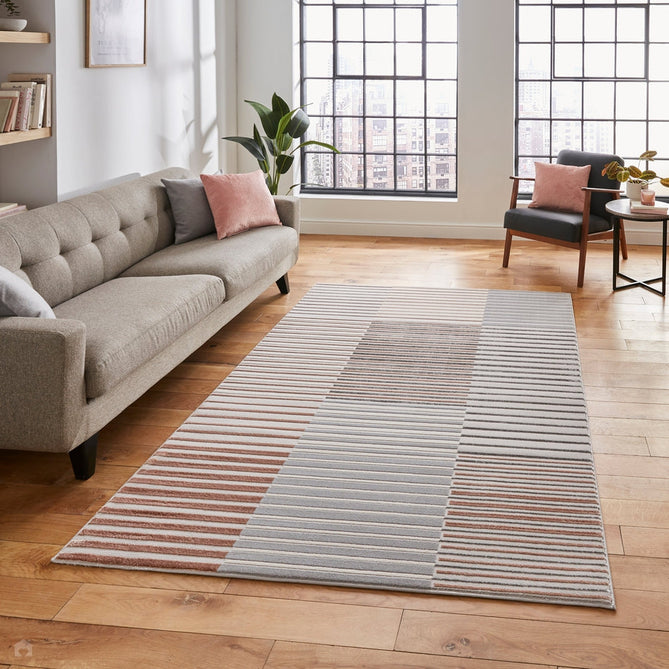 Apollo 2681 Modern Geometric Striped Linear Blocks Distressed Metallic Shimmer High-Density Textured Low Profile Short-Pile Grey/Rose/Cream Rug-Think Rugs-Rug Love - The Most Loved Rug Store