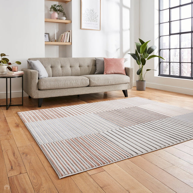 Apollo 2681 Modern Geometric Striped Linear Blocks Distressed Metallic Shimmer High-Density Textured Low Profile Short-Pile Grey/Rose/Cream Rug-Think Rugs-Rug Love - The Most Loved Rug Store