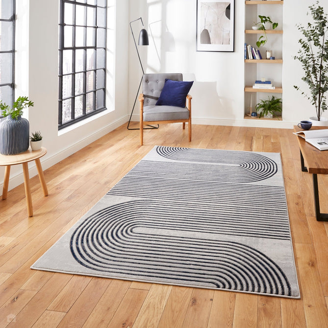 Apollo 2683 Modern Geometric Swirl Distressed Metallic Shimmer High-Density Textured Low Profile Short-Pile Grey/Cream/Navy Rug-Think Rugs-Rug Love - The Most Loved Rug Store