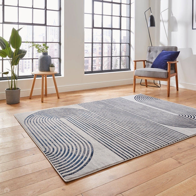 Apollo 2683 Modern Geometric Swirl Distressed Metallic Shimmer High-Density Textured Low Profile Short-Pile Grey/Cream/Navy Rug-Think Rugs-Rug Love - The Most Loved Rug Store