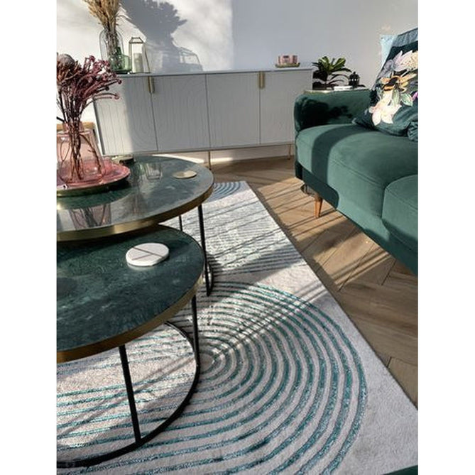 Apollo 2683 Modern Geometric Swirl Distressed Metallic Shimmer High-Density Textured Low Profile Short-Pile Grey/TealGreen/Cream Rug-Think Rugs-Rug Love - The Most Loved Rug Store