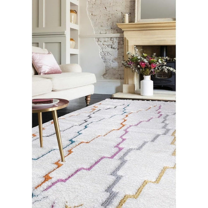 Ariana AR01 Trellis Modern Moroccan Berber Textured Hi-Low Cut+Loop Pile Soft Plush Boho Shaggy Cream/Multicolour Rug-Asiatic Carpets-Rug Love - The Most Loved Rug Store
