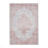 Artemis B9076A Traditional Medallion Border Distressed Metallic Shimmer Textured High-Density Soft-Touch Rose Pink/Silver/Cream Rug