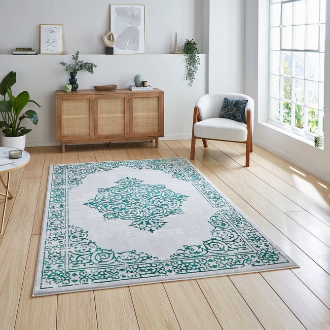 Artemis B9076A Traditional Medallion Border Distressed Metallic Shimmer Textured High-Density Soft-Touch Silver/Green/Cream Rug-Think Rugs-Rug Love - The Most Loved Rug Store