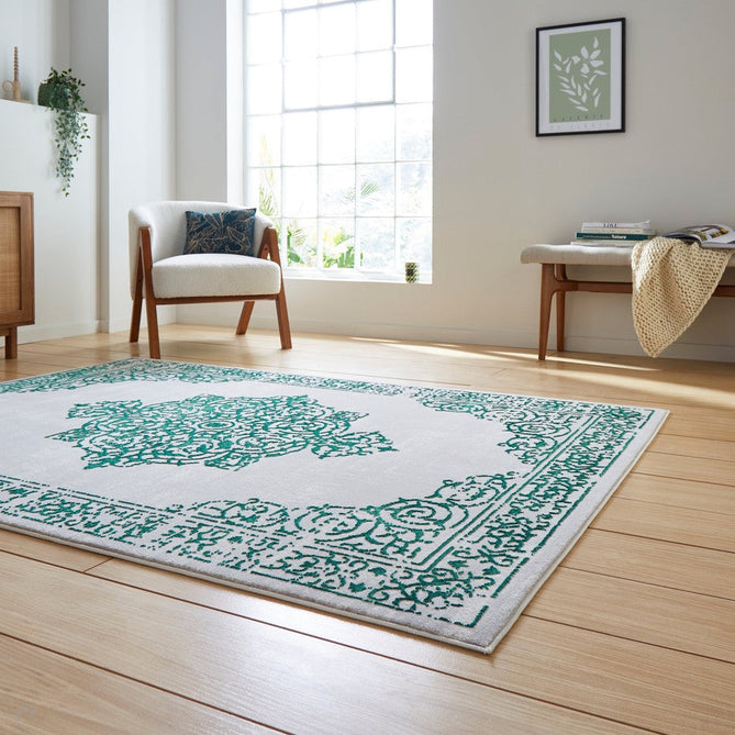 Artemis B9076A Traditional Medallion Border Distressed Metallic Shimmer Textured High-Density Soft-Touch Silver/Green/Cream Rug-Think Rugs-Rug Love - The Most Loved Rug Store
