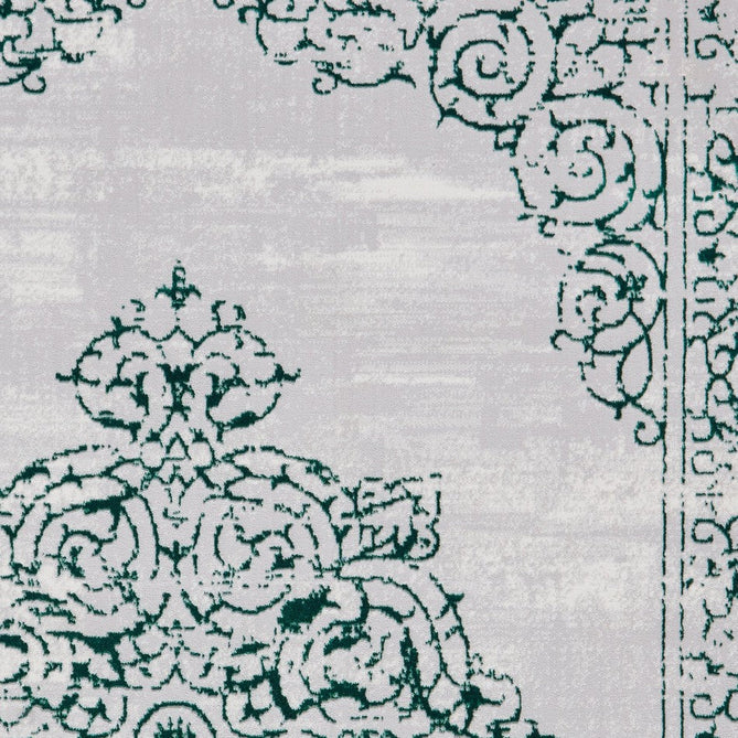 Artemis B9076A Traditional Medallion Border Distressed Metallic Shimmer Textured High-Density Soft-Touch Silver/Green/Cream Rug-Think Rugs-Rug Love - The Most Loved Rug Store