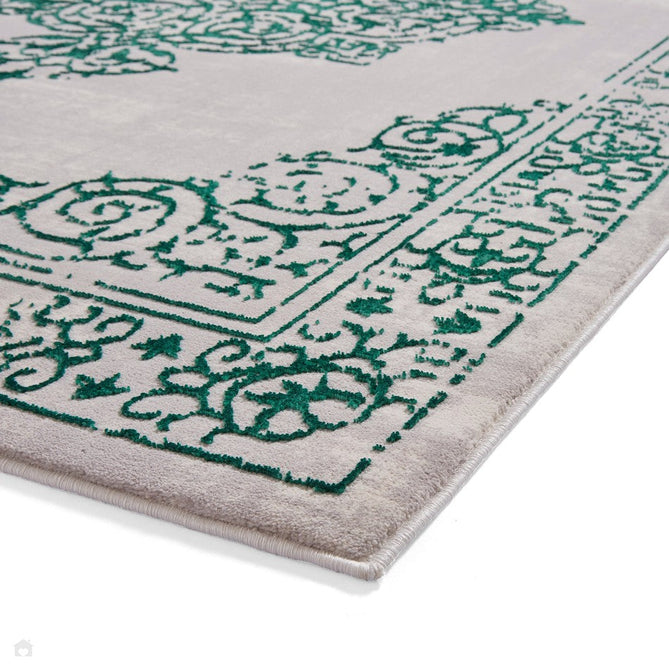 Artemis B9076A Traditional Medallion Border Distressed Metallic Shimmer Textured High-Density Soft-Touch Silver/Green/Cream Rug-Think Rugs-Rug Love - The Most Loved Rug Store