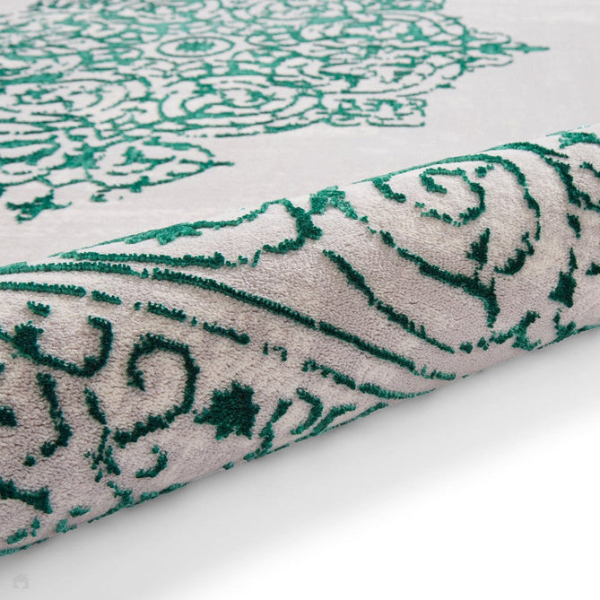 Artemis B9076A Traditional Medallion Border Distressed Metallic Shimmer Textured High-Density Soft-Touch Silver/Green/Cream Rug-Think Rugs-Rug Love - The Most Loved Rug Store