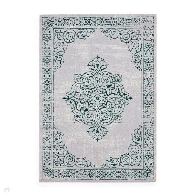 Artemis B9076A Traditional Medallion Border Distressed Metallic Shimmer Textured High-Density Soft-Touch Silver/Green/Cream Rug-Think Rugs-Rug Love - The Most Loved Rug Store