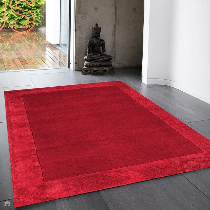 Ascot Modern Plain Hand-Woven Wool Centred Loop Pile Metallic Shimmer Wide Viscose Border Crimson Red/Ruby Red Rug-Asiatic Carpets-Rug Love - The Most Loved Rug Store