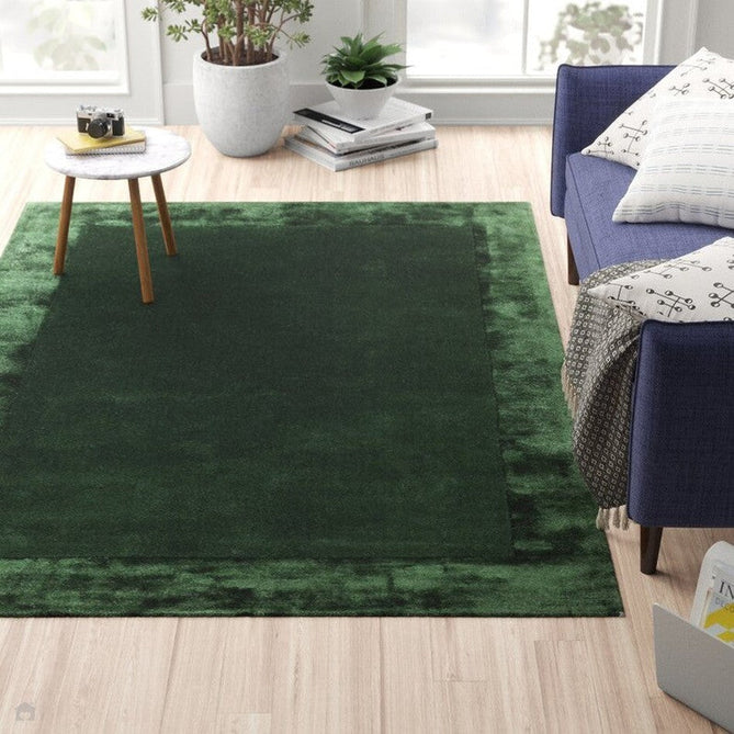 Ascot Modern Plain Hand-Woven Wool Centred Loop Pile Metallic Shimmer Wide Viscose Border Deep Forest Green/Emerald Green Rug-Asiatic Carpets-Rug Love - The Most Loved Rug Store