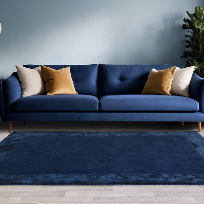 Ascot Modern Plain Hand-Woven Wool Centred Loop Pile Metallic Shimmer Wide Viscose Border Deep Navy Blue/Midnight Blue Rug-Asiatic Carpets-Rug Love - The Most Loved Rug Store