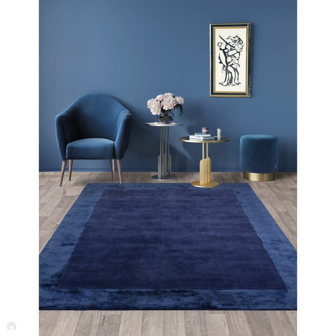 Ascot Modern Plain Hand-Woven Wool Centred Loop Pile Metallic Shimmer Wide Viscose Border Deep Navy Blue/Midnight Blue Rug-Asiatic Carpets-Rug Love - The Most Loved Rug Store