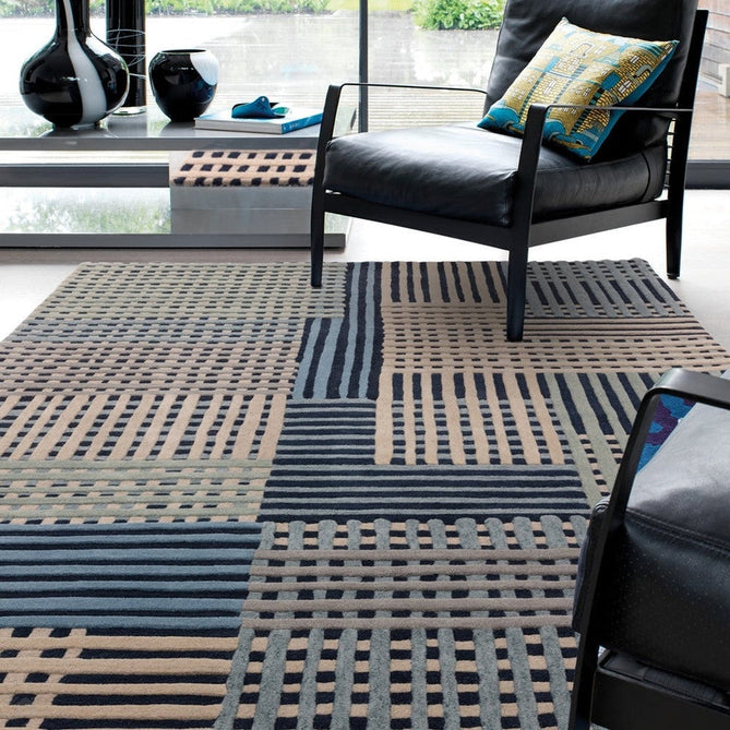 Aspect Modern Geometric Basketweave Hand-Woven High-Density Heavyweight Space-Dyed Textured Hi-Low Wool Blue/Multicolour Rug-Asiatic Carpets-Rug Love - The Most Loved Rug Store