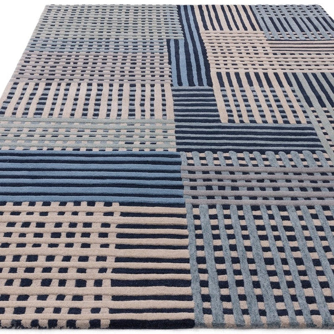 Aspect Modern Geometric Basketweave Hand-Woven High-Density Heavyweight Space-Dyed Textured Hi-Low Wool Blue/Multicolour Rug-Asiatic Carpets-Rug Love - The Most Loved Rug Store