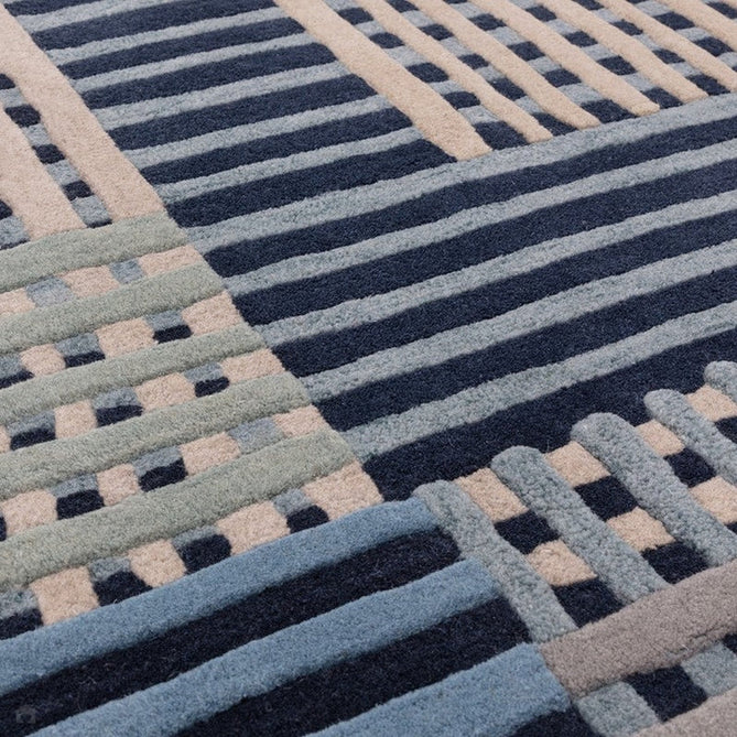 Aspect Modern Geometric Basketweave Hand-Woven High-Density Heavyweight Space-Dyed Textured Hi-Low Wool Blue/Multicolour Rug-Asiatic Carpets-Rug Love - The Most Loved Rug Store