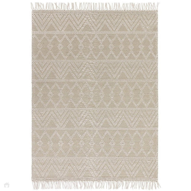 Asra Modern Boho Geometric Hand-Woven Textured Hi-Low Ribbed Bobbled Wool Fringe Flatweave Beige/Cream Rug-Asiatic Carpets-Rug Love - The Most Loved Rug Store