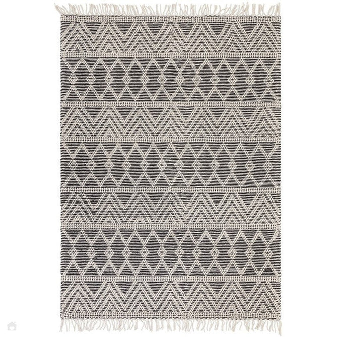 Asra Modern Boho Geometric Hand-Woven Textured Hi-Low Ribbed Bobbled Wool Fringe Flatweave Black/Cream Rug 120 x 170 cm