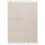 Asra Modern Boho Geometric Hand-Woven Textured Hi-Low Ribbed Bobbled Wool Fringe Flatweave Ivory Rug