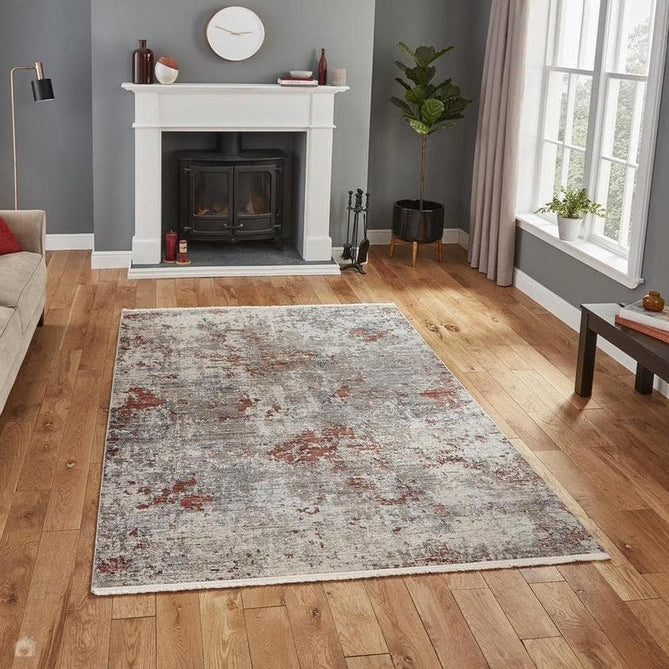 Athena 18597 Traditional Abstract Vintage Distressed Shimmer Soft-Touch Low Profile Short Pile Grey/Terracotta Rug-Think Rugs-Rug Love - The Most Loved Rug Store