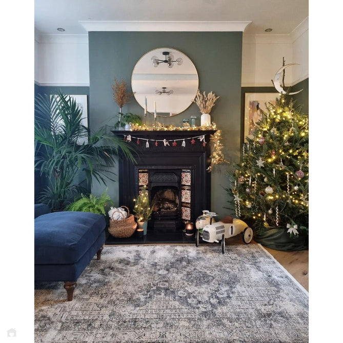 Athena 18739 Traditional Vintage Distressed Shimmer Medallion Border Soft-Touch Low Profile Short Pile Grey/Blue/Ivory/Taupe Rug-Think Rugs-Rug Love - The Most Loved Rug Store