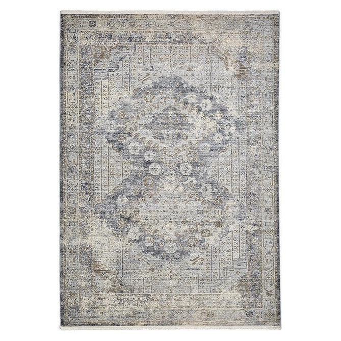 Athena 18739 Traditional Vintage Distressed Shimmer Medallion Border Soft-Touch Low Profile Short Pile Grey/Blue/Ivory/Taupe Rug-Think Rugs-Rug Love - The Most Loved Rug Store