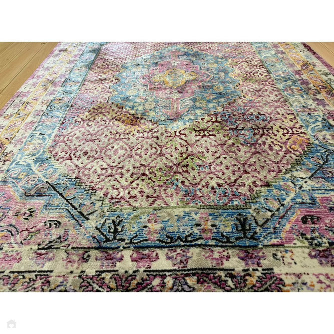 Athena 24023 Traditional Moroccan Medallion Border Vintage Distressed Multicolour/Pink/Blue/Beige Rug-Think Rugs-Rug Love - The Most Loved Rug Store