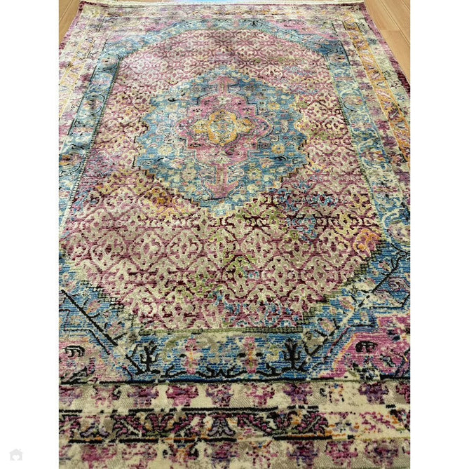 Athena 24023 Traditional Moroccan Medallion Border Vintage Distressed Multicolour/Pink/Blue/Beige Rug-Think Rugs-Rug Love - The Most Loved Rug Store