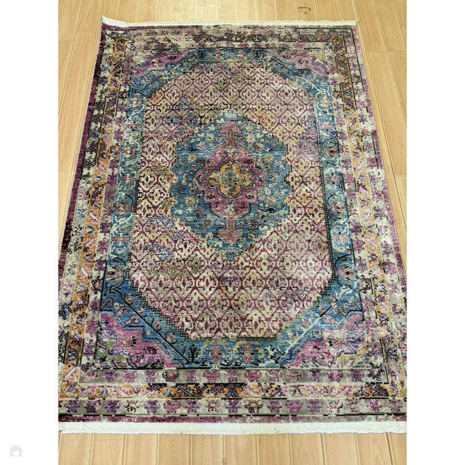 Athena 24023 Traditional Moroccan Medallion Border Vintage Distressed Multicolour/Pink/Blue/Beige Rug-Think Rugs-Rug Love - The Most Loved Rug Store
