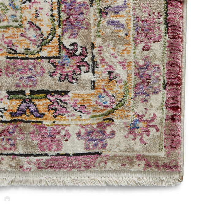 Athena 24023 Traditional Moroccan Medallion Border Vintage Distressed Shimmer Soft-Touch Low Profile Short Pile Multicolour/Pink/Blue/Beige Rug-Think Rugs-Rug Love - The Most Loved Rug Store