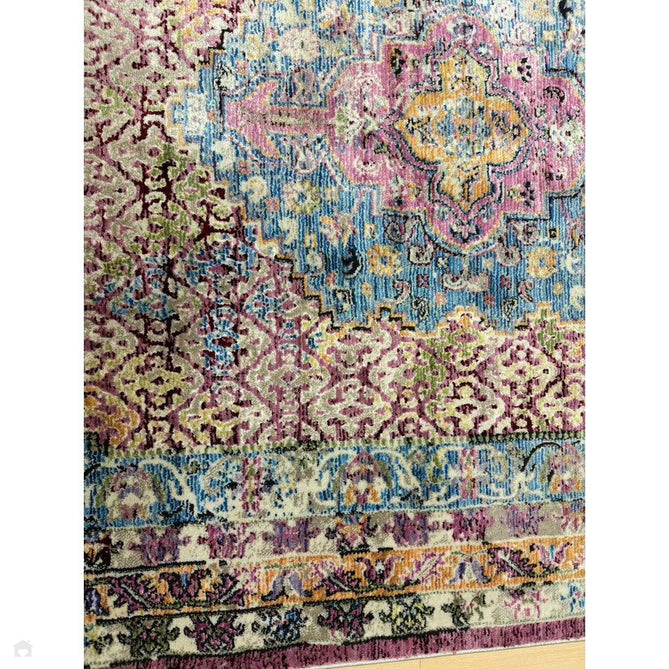 Athena 24023 Traditional Moroccan Medallion Border Vintage Distressed Shimmer Soft-Touch Low Profile Short Pile Multicolour/Pink/Blue/Beige Rug-Think Rugs-Rug Love - The Most Loved Rug Store
