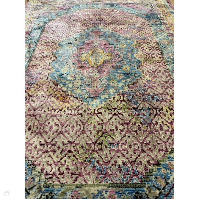 Athena 24023 Traditional Moroccan Medallion Border Vintage Distressed Shimmer Soft-Touch Low Profile Short Pile Multicolour/Pink/Blue/Beige Rug-Think Rugs-Rug Love - The Most Loved Rug Store