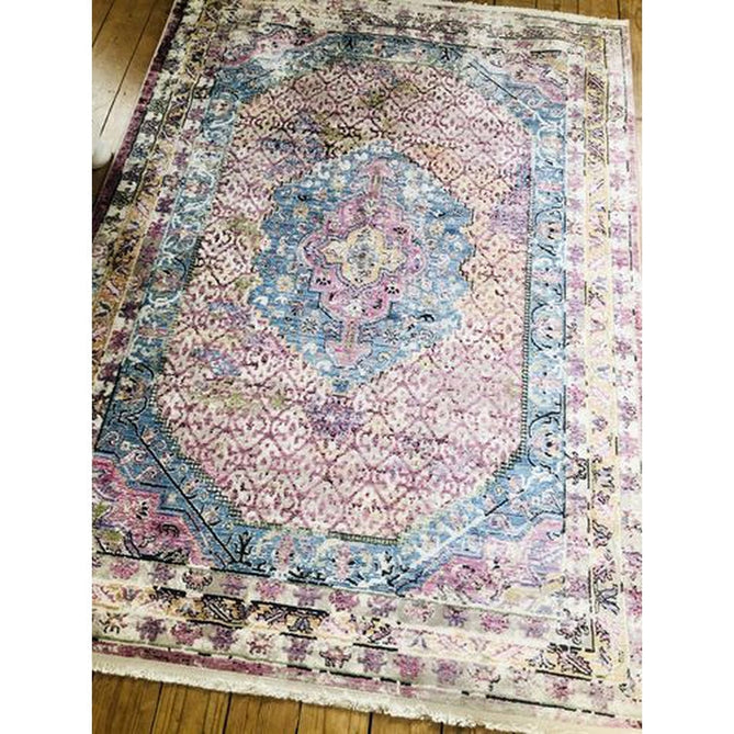 Athena 24023 Traditional Moroccan Medallion Border Vintage Distressed Shimmer Soft-Touch Low Profile Short Pile Multicolour/Pink/Blue/Beige Rug-Think Rugs-Rug Love - The Most Loved Rug Store