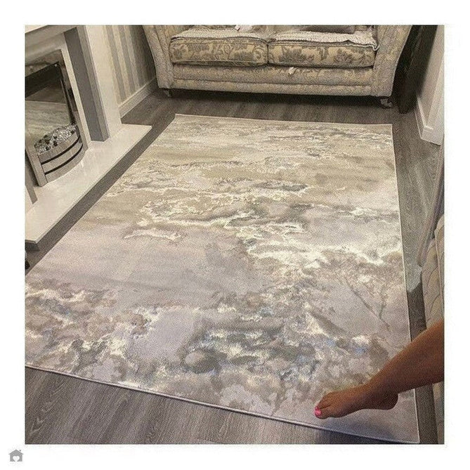 Aurora AU02 Cloud Modern Abstract Distressed Marbled Metallic Shimmer Textured High-Density Soft Smooth Low Profile Polyblend Short-Pile Grey/Beige/Silver/Cream/White Rug-Asiatic Carpets-Rug Love - The Most Loved Rug Store